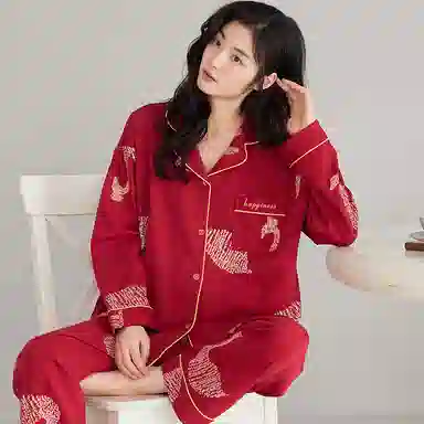 莫代尔 简约亲肤舒适时尚开衫长袖长裤家居服可外穿睡衣套装 男女同款 红色