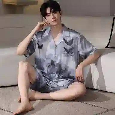 莫代尔 休闲简约宽松细腻翻领开衫舒适柔软亲肤透气显瘦个性无束缚短袖短裤情侣款家居服可外穿睡衣套装 男女同款