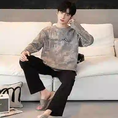 莫代尔 韩版时尚亲肤柔软透气舒适休闲居家可外穿圆领长袖长裤睡衣套装 男款 灰色