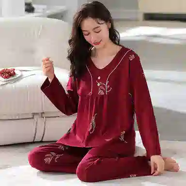 莫代尔 可外穿简约慵懒风显瘦成熟保暖细腻不臃肿储温轻柔舒适亲肤长袖长裤睡衣套装 女款 深红色