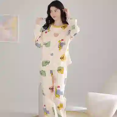 莫代尔 舒适柔软透气亲肤耐磨吸湿排汗长袖长裤不勒腹可居家休闲可外穿睡衣套装 女款 杏色