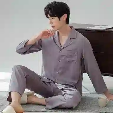 莫代尔 休闲个性翻领开衫简约时尚耐磨柔软细腻无束缚长袖长裤睡衣套装 男款 灰色