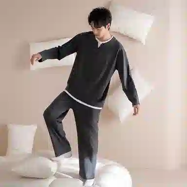 莫代尔 宽松百搭舒适亲肤圆领套头气质轻柔细腻长袖长裤可外穿夏季睡衣套装 男女同款