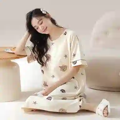 莫代尔 简约柔软舒适细腻透气耐磨微弹带胸垫防凸点亲肤休闲可外穿短袖睡裙 女款 杏色