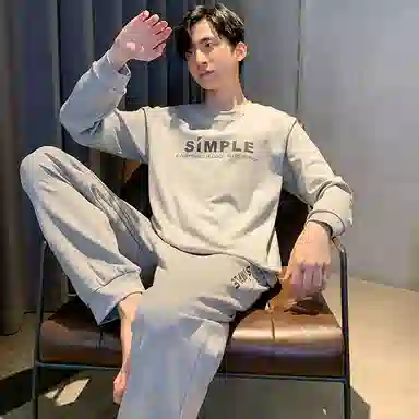 莫代尔 舒适亲肤柔软透气长袖长裤可居家休闲可外穿睡衣套装 男款 银色