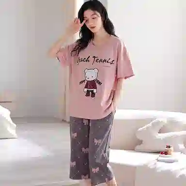 莫代尔 字母小熊印花舒适圆领上衣蝴蝶结七分裤睡衣套装 女款 粉色