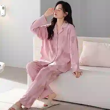 莫代尔 小清新气质时尚亲肤透气细腻柔软舒适轻盈翻领长袖长裤可外穿睡衣套装 女款 粉红色