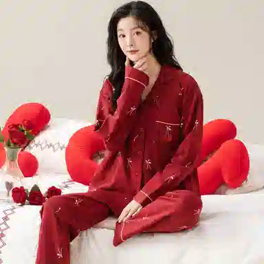 莫代尔 保暖储温细腻亲肤长袖长裤家居服可外穿睡衣套装 男女同款 红色