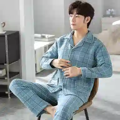 莫代尔 柔软不臃肿亲肤蓄热防寒长袖长裤秋冬季睡衣套装 男款 青色