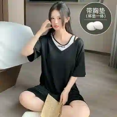 莫代尔 简约轻盈透气休闲短袖气质百搭时尚带胸垫防凸点宽松可外穿夏季睡裙 女款 黑色