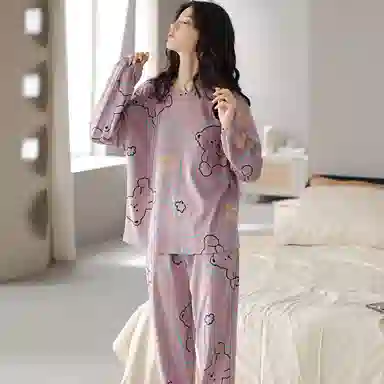 莫代尔 圆领简约舒适字母长袖上衣松紧腰长裤睡衣套装 女款 灰紫色