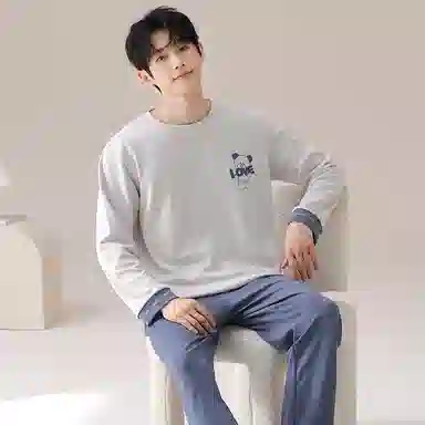 莫代尔 韩版时尚圆领套头长袖长裤简约亲肤舒适家居服可外穿睡衣套装 男女同款