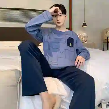 莫代尔 细腻耐磨舒适柔软亲肤透气微弹长袖松紧裤腰不勒腹长裤可居家休闲可外穿睡衣套装 男款 蓝色