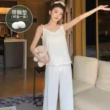 莫代尔 清新百搭韩版无袖时尚透气吊带长裤带胸垫防凸点柔软家居服可外穿睡衣套装 女款 白色