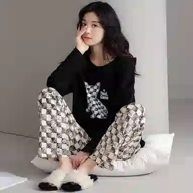 莫代尔 圆领简约舒适长袖上衣松紧腰长裤睡衣套装 女 黑色