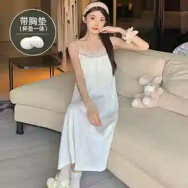 莫代尔 轻盈透气不闷舒适休闲柔软亲肤气质百搭带胸垫可外穿吊带夏季睡裙 女款 白色