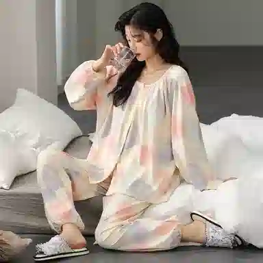 莫代尔 舒适轻盈透气耐磨吸汗细腻柔软亲肤居家可外穿开衫长袖长裤睡衣套装 女款 杏色