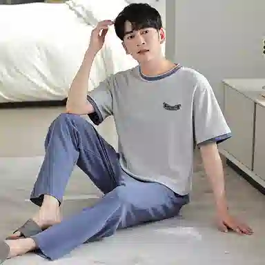 莫代尔 柔软舒适亲肤微弹透气耐磨吸湿排汗短袖松紧裤腰不勒腹长裤可居家休闲可外穿睡衣套装 男款 银色