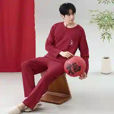 莫代尔 抗菌时尚喜庆简约轻盈微弹舒适亲肤柔软不易起球居家服可外穿睡衣套装 男款 红色