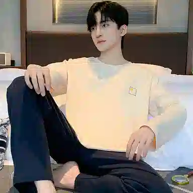 莫代尔 舒适亲肤时尚圆领套头长袖长裤可外穿素色睡衣套装 男款 杏色