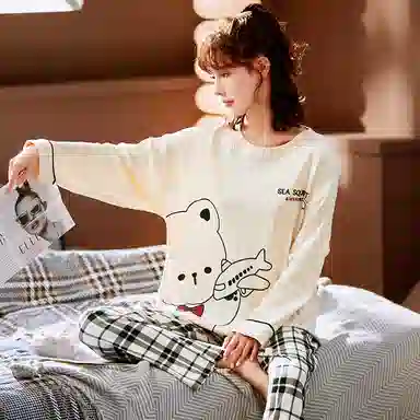 莫代尔 舒适柔软透气小熊印花亲肤长袖弹力裤腰不勒腹长裤可居家休闲外穿睡衣套装 女款 杏色