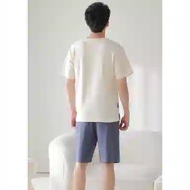 莫代尔 薄款韩版卡通小熊时尚亲肤透气短袖五分裤家居服可外穿睡衣套装 男款 杏色