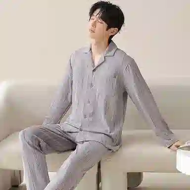 莫代尔 亲肤柔软舒适微弹透气耐磨开衫长袖弹力裤腰不勒腹可居家休闲长裤可外穿睡衣套装 男款 银色