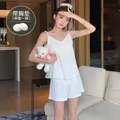 莫代尔 百搭细腻带胸垫防凸点吊带上衣家居服可外穿三分裤夏季睡衣套装 女款 白色