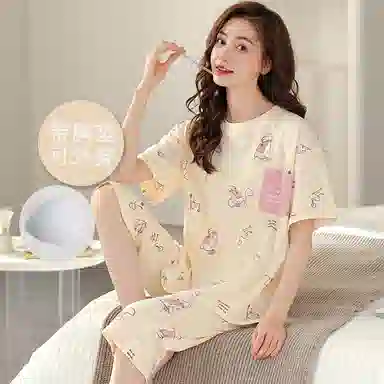 莫代尔 舒适亲肤柔软自带可拆卸胸垫防凸点细腻透气微弹耐磨吸汗短袖弹力裤腰不勒腹七分裤可居家休闲可外穿睡衣套装 女款 杏色