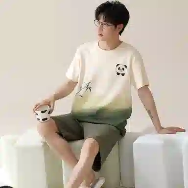 莫代尔 休闲舒适时尚个性圆领套头气质百搭宽松柔软不易起球短袖可外穿夏季睡衣套装 男款 墨绿色