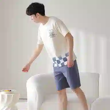 莫代尔 薄款韩版卡通小熊时尚亲肤透气短袖五分裤家居服可外穿睡衣套装 男款 杏色