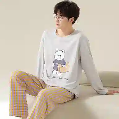 莫代尔 纯色时尚卡通印花舒适亲肤透气圆领套头长袖双口袋格子长裤可外穿男士睡衣套装 男款 浅灰色