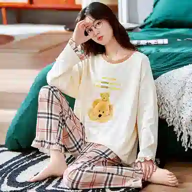 莫代尔 时尚卡通印花长袖格子长裤休闲居家学生家居服亲肤透气可外穿睡衣套装 女款 乳白色