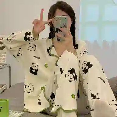 莫代尔 柔软亲肤卡通熊满印时尚长袖长裤开衫翻领家居服可外穿睡衣套装 女款 杏色