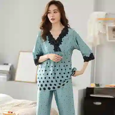 莫代尔 简约优雅亲肤柔软小清新七分袖休闲可外穿长裤睡衣套装 女款 孔雀绿