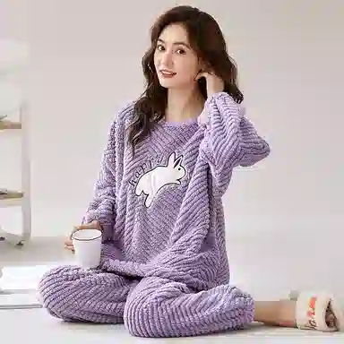 莫代尔 加厚柔软舒适细腻长袖长裤可外穿睡衣套装 女款 淡紫色