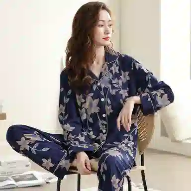 莫代尔 舒适亲肤休闲简约时尚长袖家居服可外穿睡衣套装 女款 藏青色