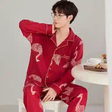 莫代尔 简约亲肤舒适时尚开衫长袖长裤家居服可外穿睡衣套装 男女同款 红色