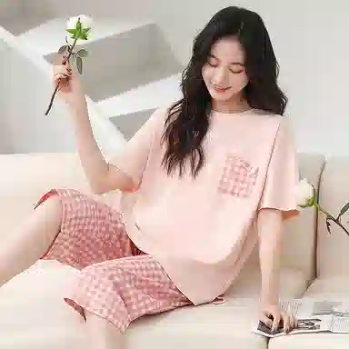 莫代尔 可外穿时尚经典休闲韩版舒适简约亲肤透气短袖七分裤家居服睡衣套装 女款 粉红色