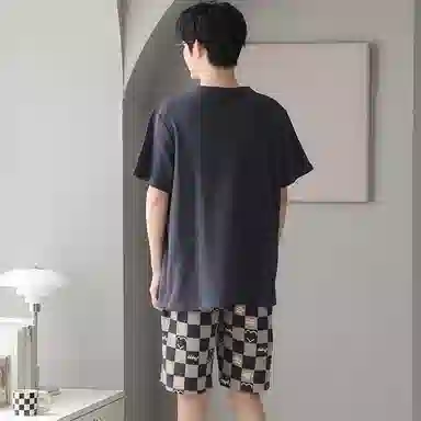 莫代尔 简约字母时尚韩版舒适亲肤透气短袖松紧带可外穿休闲五分裤睡衣套装 男款 浅灰色