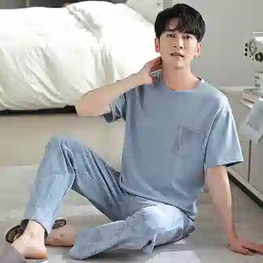 莫代尔 柔软舒适亲肤透气微弹耐磨吸湿排汗短袖松紧裤腰不勒腹长裤可居家休闲可外穿睡衣套装 男款 粉蓝色