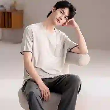 莫代尔 莫代尔系列 简约休闲舒适百搭圆领韩版时尚个性柔软亲肤细腻短袖长裤家居服可外穿睡衣套装 男款