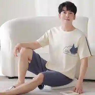 莫代尔 薄款韩版卡通时尚亲肤透气短袖五分裤家居服休闲可外穿睡衣套装 男款 杏色