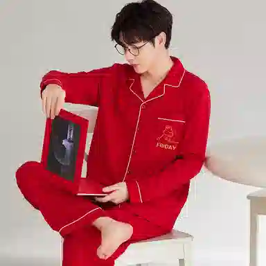 莫代尔 时尚开衫显瘦长袖长裤简约亲肤舒适家居服可外穿睡衣套装 男女同款 红色