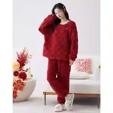 莫代尔 保暖亲肤舒适透气细腻圆领气质时尚家居服长袖长裤可外穿睡衣套装 男女同款 红色