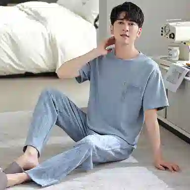 莫代尔 柔软舒适亲肤透气微弹耐磨吸湿排汗短袖松紧裤腰不勒腹长裤可居家休闲可外穿睡衣套装 男款 粉蓝色