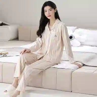 莫代尔 简约亲肤舒适长袖长裤甜美时尚翻领家居服可外穿家居服睡衣套装 女款 杏色