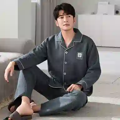 莫代尔 可外穿气质保暖储温蓄热轻熟风细腻舒适亲肤韩版时尚透气开衫翻领圆润纽扣宿舍简约休闲长袖长裤睡衣套装 男款 灰色