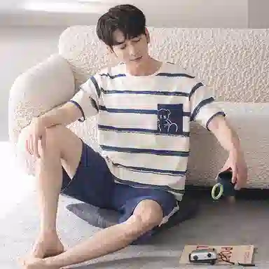 莫代尔 薄款韩版卡通条纹短袖五分裤家居服可外穿睡衣套装 男款 杏色