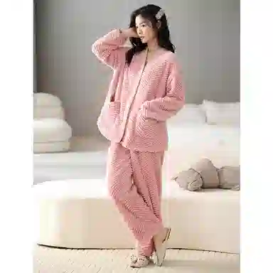 莫代尔 亲肤保暖开衫纯色家居服可外穿睡衣套装 女款 粉色